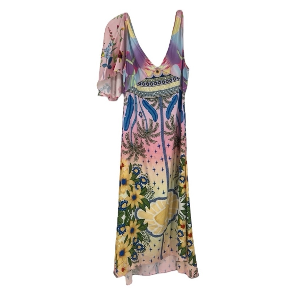 Oceanus Camille Multicolor Satin V Neck Tropical Resortwear Beach Midi Dress XL